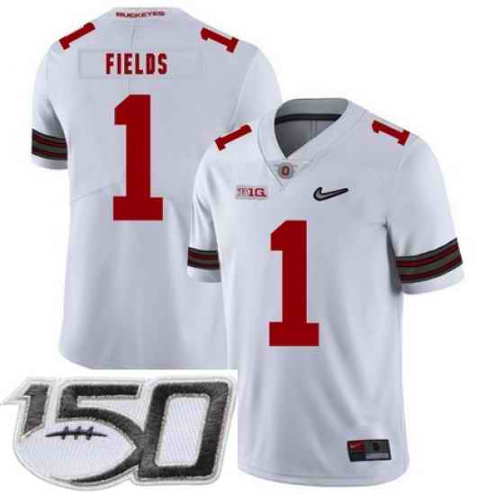 Ohio State Buckeyes 1 Justin Fields White Nike College Football Stitched 150th Anniversary Patch Jersey
